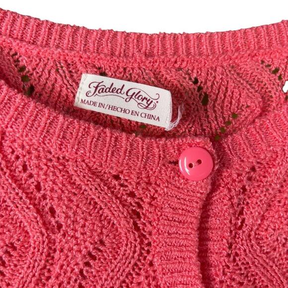 Title: Vintage Pink Knit Cardigan – Wavy Open-Knit Button-Up Retro Sweater - Picture 3 of 6